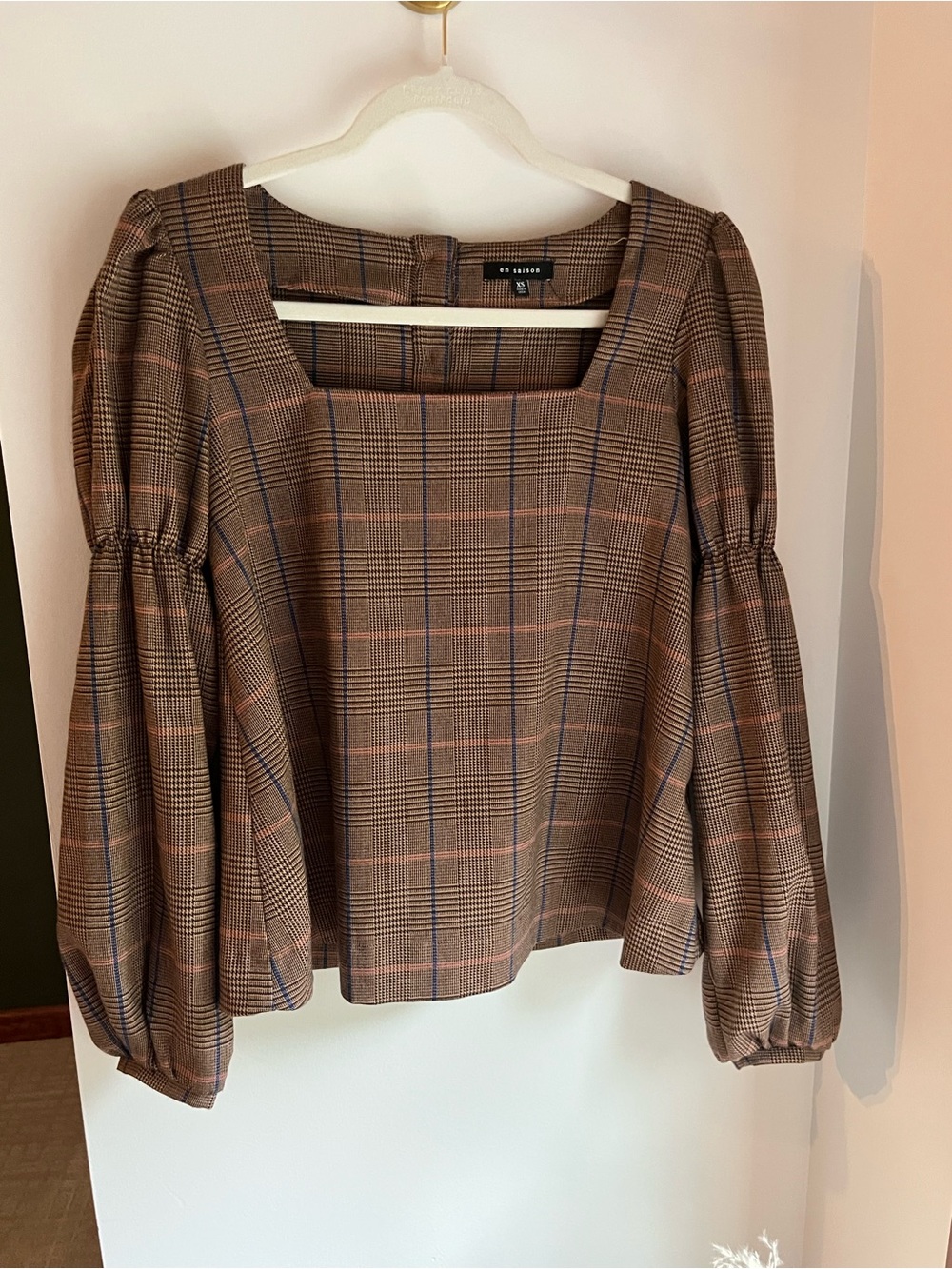 En Saison Plaid Blouse | Size XS | Puff Sleeve Back-Button Top | Preppy Romantic